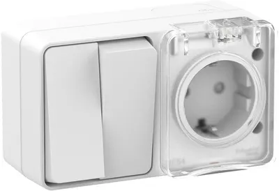 AtlasDesign Profi54 О/У БЛОК: розетка с заземлением со шторками 16А 250B, выключатель двухклавишный IP54 10А, БЕЛЫЙ