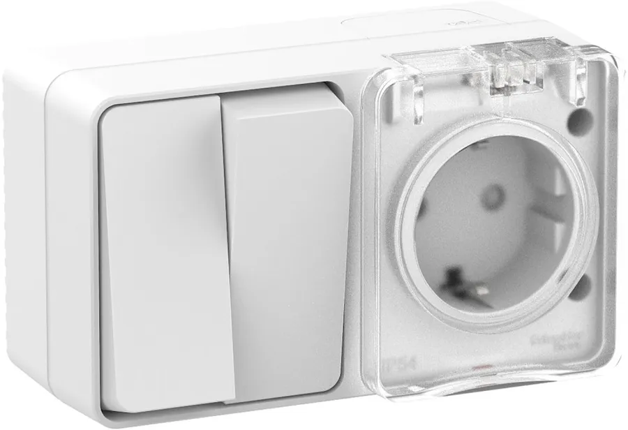 AtlasDesign Profi54 О/У БЛОК: розетка с заземлением со шторками 16А 250B, выключатель двухклавишный IP54 10А, БЕЛЫЙ