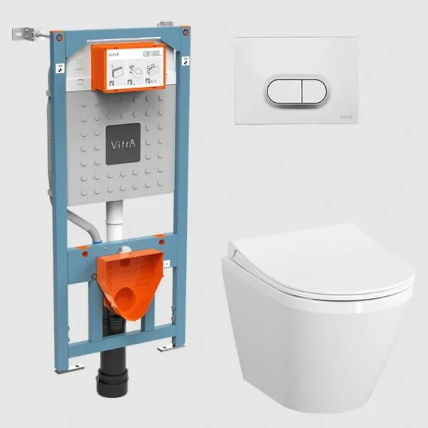 Инсталляция Комплект: Подвесной безободковый унитаз VitrA Integra Round L-box с дюропластовой крышкой, с микролифтом + инсталляция + Кнопка