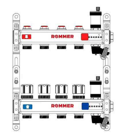 Коллекторная группа без расходомеров, в сборе, 1"х 4 вых. Евроконус ROMMER (нержавейка) без кранов, с клапаном вып. воздуха и сливом