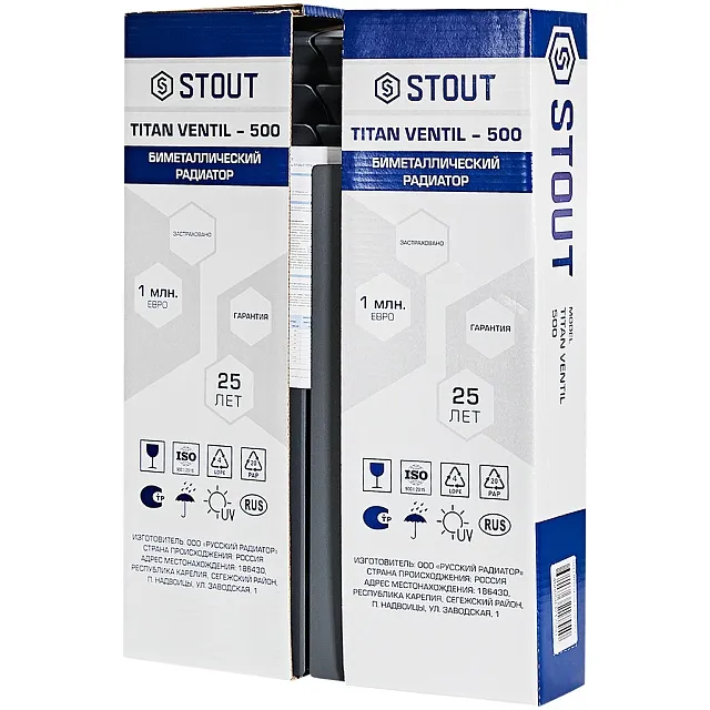 радиатор бимет. STOUT TITAN VENTIL 500 ( 6 секций) нижнее правое подключение (белый RAL 9016)