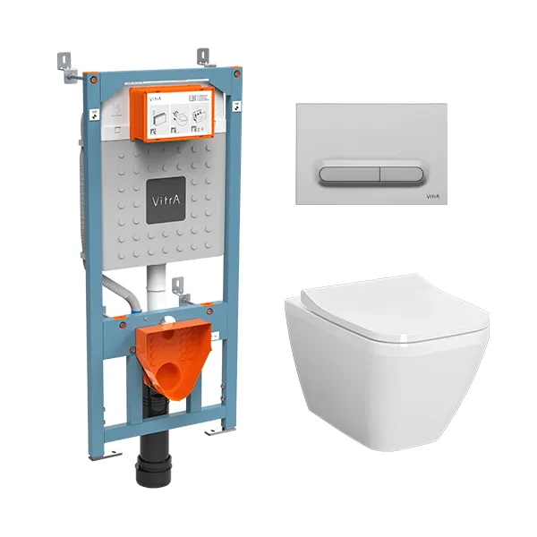 Инсталляция Комплект: Безободковый подвесной унитаз VitrA Mia Round + тонкое дюропластовое сиденье микролифт, кнопка мат. хром